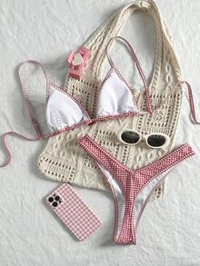 Swim Mod 女士夏季随机红色格子细肩带可爱蝴蝶结比基尼两件套 - 彩色 - 查看 3