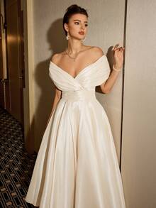 Poshira Elegant Shimmering Satin Off-The-Shoulder Backless A-Line Ball Gown, Glamorous Wedding Birthday Party Prom Dress - Apricot - View 7