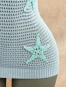 Elamini Women's Light Blue Starfish Applique Fashionable Versatile Vacation Style Summer Camisole Dress - Blue - View 4