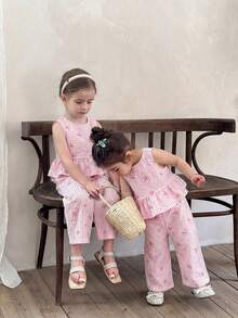 LMoss Kids Bộ đồ cho bé gái gồm áo sơ mi dệt kẻ caro viền bèo nhún và quần ống rộng dệt kim. - Nhiều màu - Xem 6