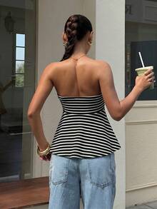 Muchica 女款黑白條紋抽繩抹胸上衣，可愛 Pinterest 風度假夏季海灘休閒性感上衣 - 黑色 - 查看 2