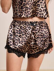 Hourtrue 2pcs Women's Sexy Leopard Print Pajama Set, Including Adjustable Strap Deep V-Neck Bow Decor Top And Leopard Print Lace Trim Shorts, Comfortable And Charming Sleepwear Set. - Brown - View 6