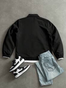 Manfinity Homme Men's Casual Everyday Zip-Up Collar Jacket Back-To-School Graduation Black Autumn - Black - View 2