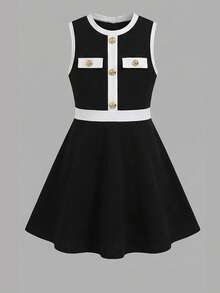 Firerie Kids Vestido casual de fiesta y salida con cuello redondo y bloques de color para niñas preadolescentes - Negro - Ver 3