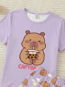 可爱卡通水豚喝珍珠奶茶印花紫色针织面料柔软甜美休闲圆领短袖短裤宽松两件套睡衣套装，适合少女 - 淡紫色 - 查看 5