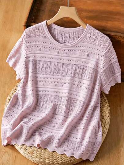 GlowEve CURVE Plus-Size Women's Spring/Summer Casual Wear: Simple, Versatile, And Feminine Style. Striped, Openwork Knit Top With Wavy Hem And Short Sleeves. Loose-Fitting Plus-Size Women's Top, Perfect For Spring And Summer.