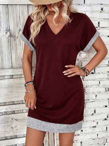 EMERY ROSE Women's Contrast Trim V-Neck Short Sleeve Mini Dress, Summer Vacation Burgundy Casual - Burgundy - View 3
