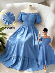 Elenzga Vestido elegante de verano para mujer de talla grande con volantes de perlas, hombros descubiertos, mangas abullonadas y cintura ceñida. Adecuado para citas, eventos de tarde, vacaciones, paseos por la ciudad y reuniones con amigos - Azul - Ver 3