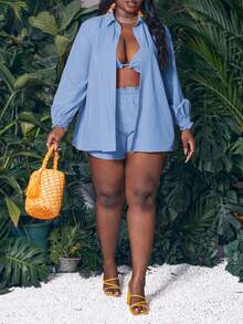 Slaydiva Plus Size 3 Pieces Vacation Casual Bikini Cover Up Set Beach Light Blue Autumn - Baby Blue - View 3