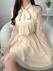 FRIFUL Women's Solid Color Off-Shoulder Long Sleeve Tie Neck Elegant Dress Sun Dresses For Women - Apricot - View 1