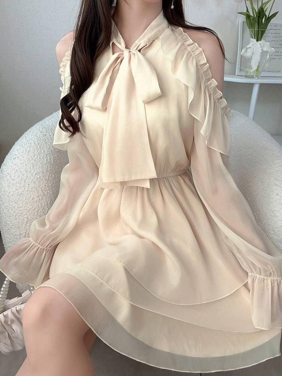 FRIFUL Women's Solid Color Off-Shoulder Long Sleeve Tie Neck Elegant Dress Sun Dresses For Women - Apricot - View 1