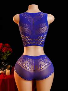 Bộ 2 món thời trang gợi cảm dành cho nữ, gồm áo croptop và quần short lưới co giãn khoét lỗ. - Màu xanh lam - Xem 2