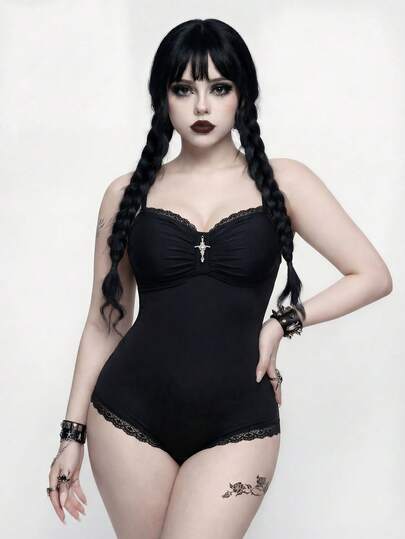 ROMWE Goth 大码女士连体泳衣，性感蕾丝边夏季度假泳装
