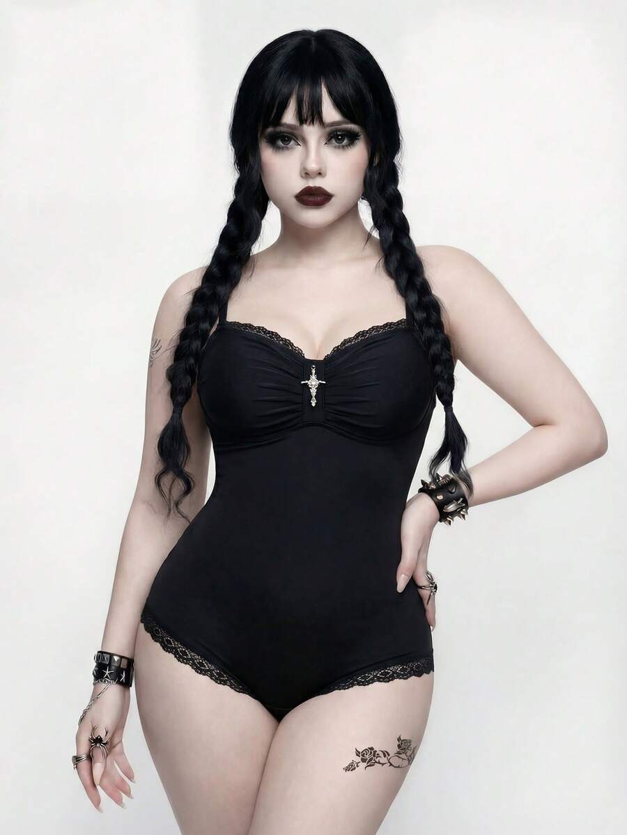 Goth Áo tắm liền thân cỡ lớn dành cho nữ, đồ bơi mùa hè gợi cảm với viền ren. - màu đen - Xem 1