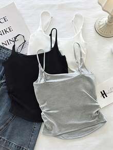 Resyla Set de 3 piezas de camisolas casuales plisadas de unicolor para mujer - Gris - Ver 2