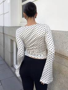 Marta Soriano 女士时尚波尔卡圆点印花荷叶边喇叭袖T恤 - 杏色 - 查看 2