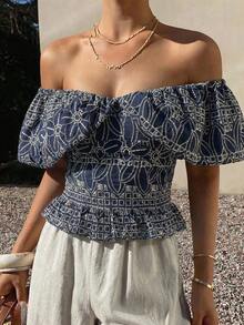 DAZY Women's Solid Color Strapless Off-Shoulder Elegant Cropped Blouse, Autumn Boho Vacation Outfits Women Summer - Dusty Blue - View 4
