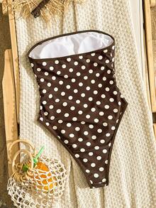 SHEIN Swim Chicsea Áo tắm liền thân nữ thanh lịch in họa tiết chấm bi, dây đeo mảnh có thể điều chỉnh, kiểu dáng cạp cao. - Cà phê nâu - Xem 5
