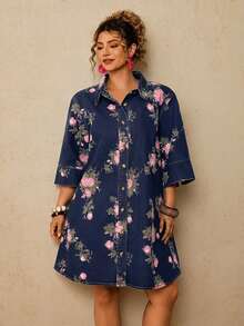 Travachic Plus Size Casual Boho Floral Print Button Front Denim Dress Vacation Dusty Blue Autumn - Dark Wash - View 9