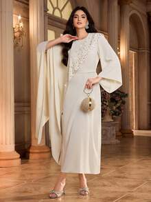 Al Najma Women's Solid Color Faux Pearl Decor Round Neck Elegant Arabic Style Dress Abayas Dubai Luxury Arabic Dresses For Women Caftan Dress White Abaya Abaya For Women Dubai - Apricot - View 5