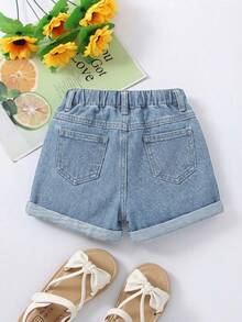 女婴白色蝴蝶结刺绣图案蓝色牛仔宽松卷边短裤 - 淺色水洗藍 - 查看 2