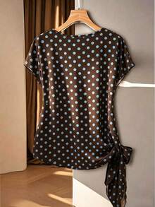 SHEIN Franclia 大码心形蝴蝶结雪纺衬衫，春夏款 - 咖啡棕 - 查看 2