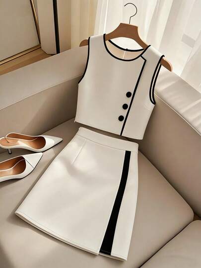 Franclia Conjunto de 2 piezas de blusa sin mangas blanca y falda para mujer, versátil para ir al trabajo, salir, elegante para vacaciones