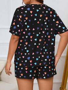 Set de ropa de hogar de talla grande, pijama de camiseta de manga corta y pantalones cortos con estampado - Negro - Ver 3