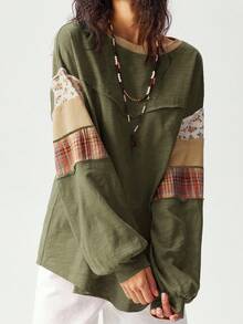 SHEIN BohoFeels Plus Size Women Patchwork Floral Plaid Print Round Neck Drop Shoulder Long Sleeve Casual Loose T-Shirt/Winter - Army Green - View 5