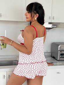 ZzzCrew Sweet Heart Print Camisole & Shorts Pajama Set, Contrast Red Trim Bow Decor Comfortable Plus Size 2pcs - White - View 2