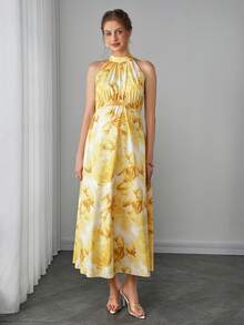 Maternity Floral Print Halter Waist Tie Maxi Dress - Yellow - View 6