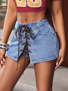 Jeanoix Y2K Low-Waist Fashionable Metal Eyelet Lace-Up Washed Denim Skirt - Medium Wash - View 3