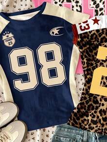 三件套撞色拼接，Blokecore风格，90年代复古街头运动衫款式，豹纹印花，数字字母图案，修身版型，压缩面料，Blokette，少女休闲简约短款修身圆领短袖高腰常规T恤，适合春夏日常穿着，POV，新款 - 白色 - 查看 2