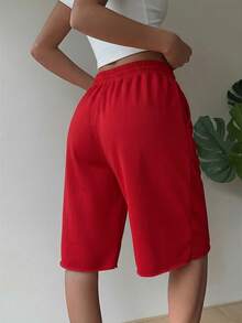 SHEIN EZwear 红色休闲加大码女式短裤 - 紅色 - 查看 2
