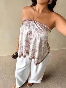 Auralis Top de playa con cuello de halter de gasa con estampado de teñido anudado elegante/Top de tirantes con cuello de halter talla grande para mujer/Bajo irregular/Bajo tipo bufanda/Estampado de diseño/Top de vacaciones estilo bohemio/Fluido - Multicolor - Ver 6