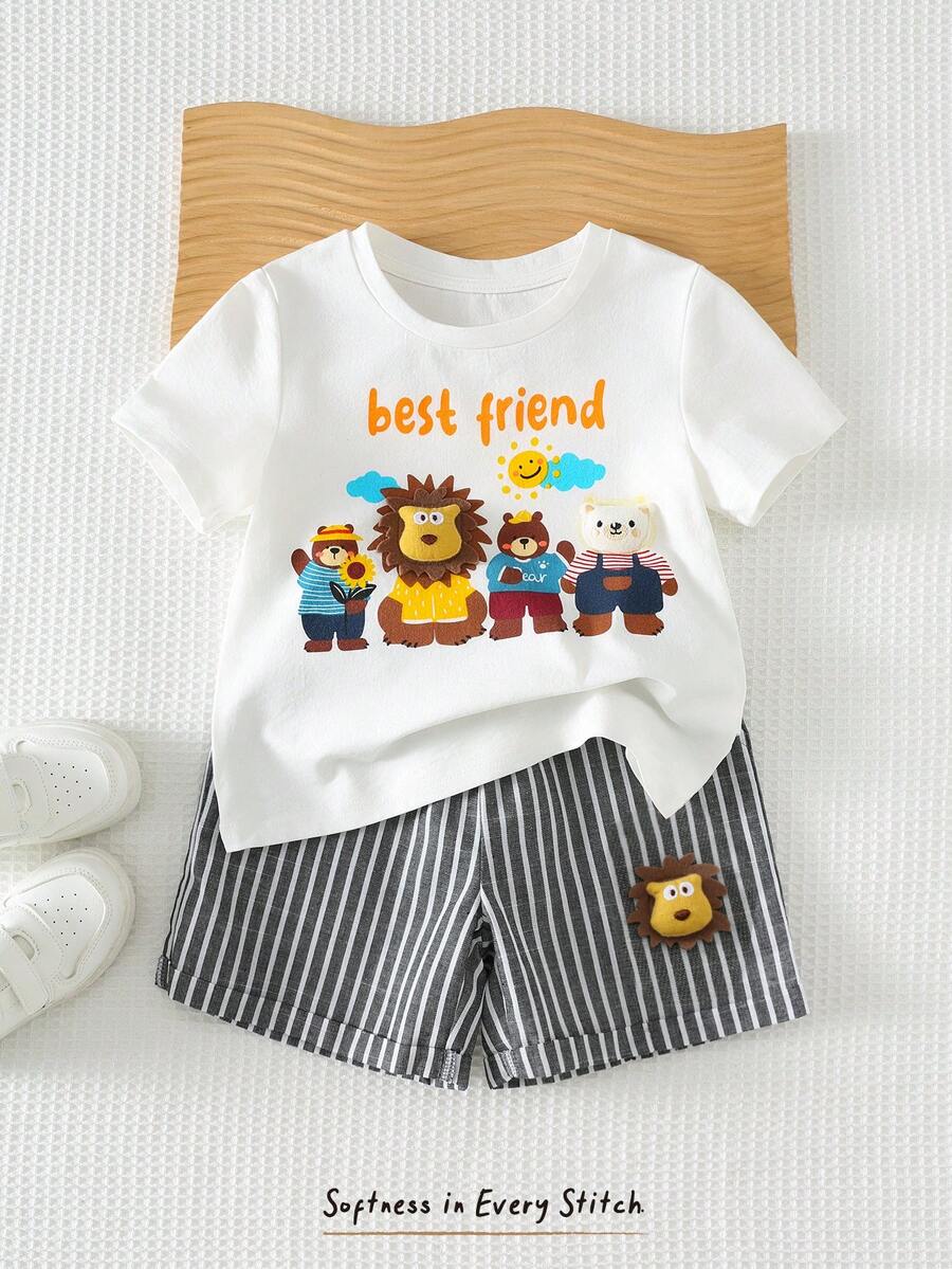 Cozy Pixies Ensemble court à manches courtes imprimé 3D d'animaux de dessin animé pour enfants, t-shirt rayé et short 2 pièces pour tout-petits garçons, ensemble d'été pour voyager - Multicolore - Voir 1