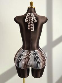 Zestiva Women's Summer Beach Mesh Lace Print Sleeveless Backless Halter Tie Beaded Sexy Bodycon Jumpsuit Coverup - Grey - View 2