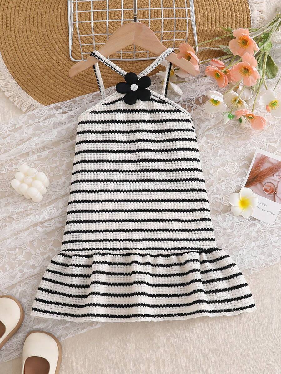 SHEIN Đầm hai dây hở lưng kẻ sọc thời trang ngọt ngào cho bé gái, trang phục dễ thương cho kỳ nghỉ hè. - Đỏ - Xem 1