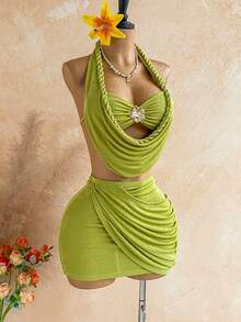 Soleia Conjunto de 2 piezas de top halter sin espalda y falda para vacaciones en la playa para mujer - Verde - Ver 6