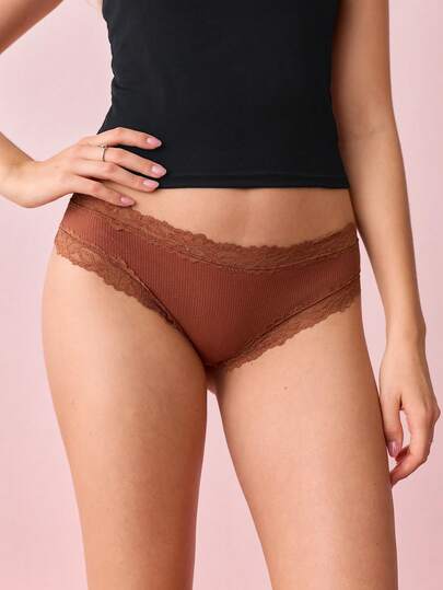 Bonmuse 4pcs Women Plain Color Lace Trim Simple Comfortable Vertical Stripe Briefs