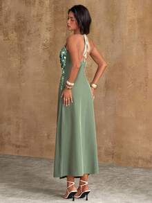 Bluhae Women's Elegant Sexy White Halter Deep V Neck Long Dress With Sequin Detail And Slit Hem Golf Summer - Green - View 2