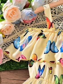 Mono con volantes en el hombro y estampado de mariposas de colores para niñas preadolescentes, estilo vacacional para primavera/verano - Amarillo - Ver 3