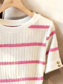 Franclia Women's Striped Crew Neck Short Sleeve Casual Versatile T-Shirt - Pink - View 3