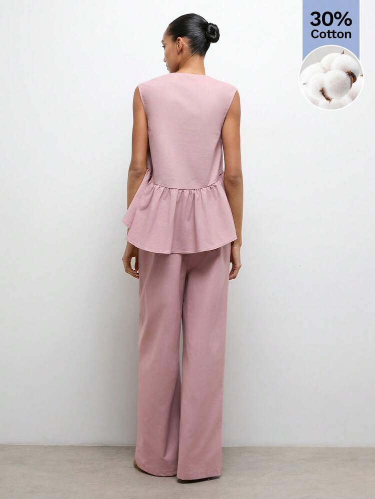 SHEIN Maija Women's Light Pink Ruffle Hem Top And Pants Suit Set,Summer Casual Elegant Classy Brunch Outfits,Solid Color V Neck Sleeveless Blouses,Beach Vacation