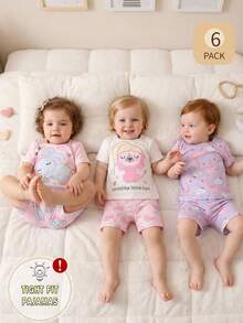 6pcs Baby Girls Cartoon Elephant, Lion, Giraffe, Cloud Print Short Sleeve Snug Fit Pajama Set - Multicolor - View 4