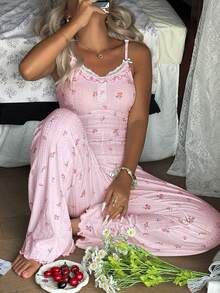 CottageSlumber Floral Lace Patchwork Backless Design Women Pajama Jumpsuit - Pink - View 5