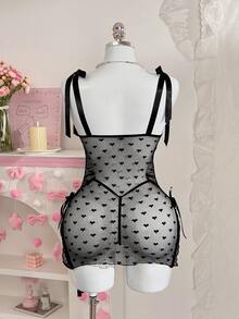 PetitDoll 2 piezas Conjunto de camisón romántico de encaje sexy y dulce para mujeres, Día de San Valentín - Negro - Ver 2