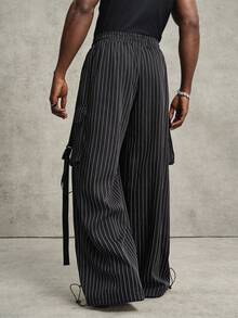 PAVTROS Men's Casual Striped Button Pocket Loose Pants Wide Leg - Black - View 2