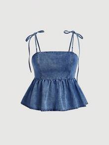 SHEIN MOD Plus Size Denim Camisole Top With Ruffle Hem, Blue Summer Tops For Women Going Out Tops Women - Dark Wash - View 1