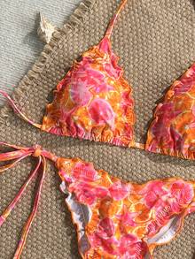 Swim Mod 2pcs/Set Orange And Pink Random Floral Print Ruffle Trim Halter Neck Triangle Bikini Top And Side Tie Bottoms Summer Cute Beach Vacation Holiday - Multicolor - View 1